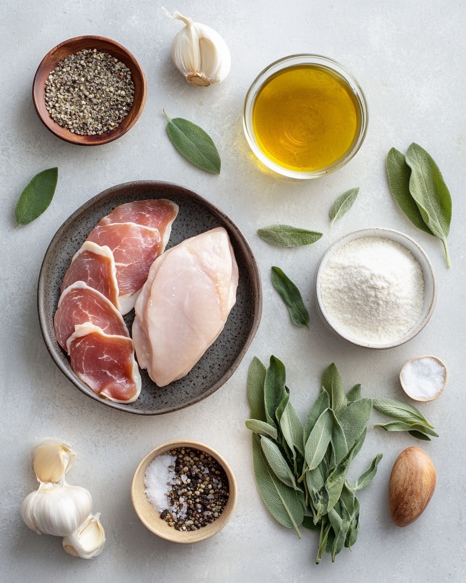 A white plate with blue floral and geometric border holds two golden-brown cooked pieces of chicken placed side by side. Below the chicken, there is a layer of light cream-colored white beans spread evenly across the plate. On top of each chicken piece, a few green crispy sage leaves are scattered, adding a fresh contrast to the warm colors. The plate is set on a white marbled textured surface. photo taken with an iphone --ar 4:5 --v 7
