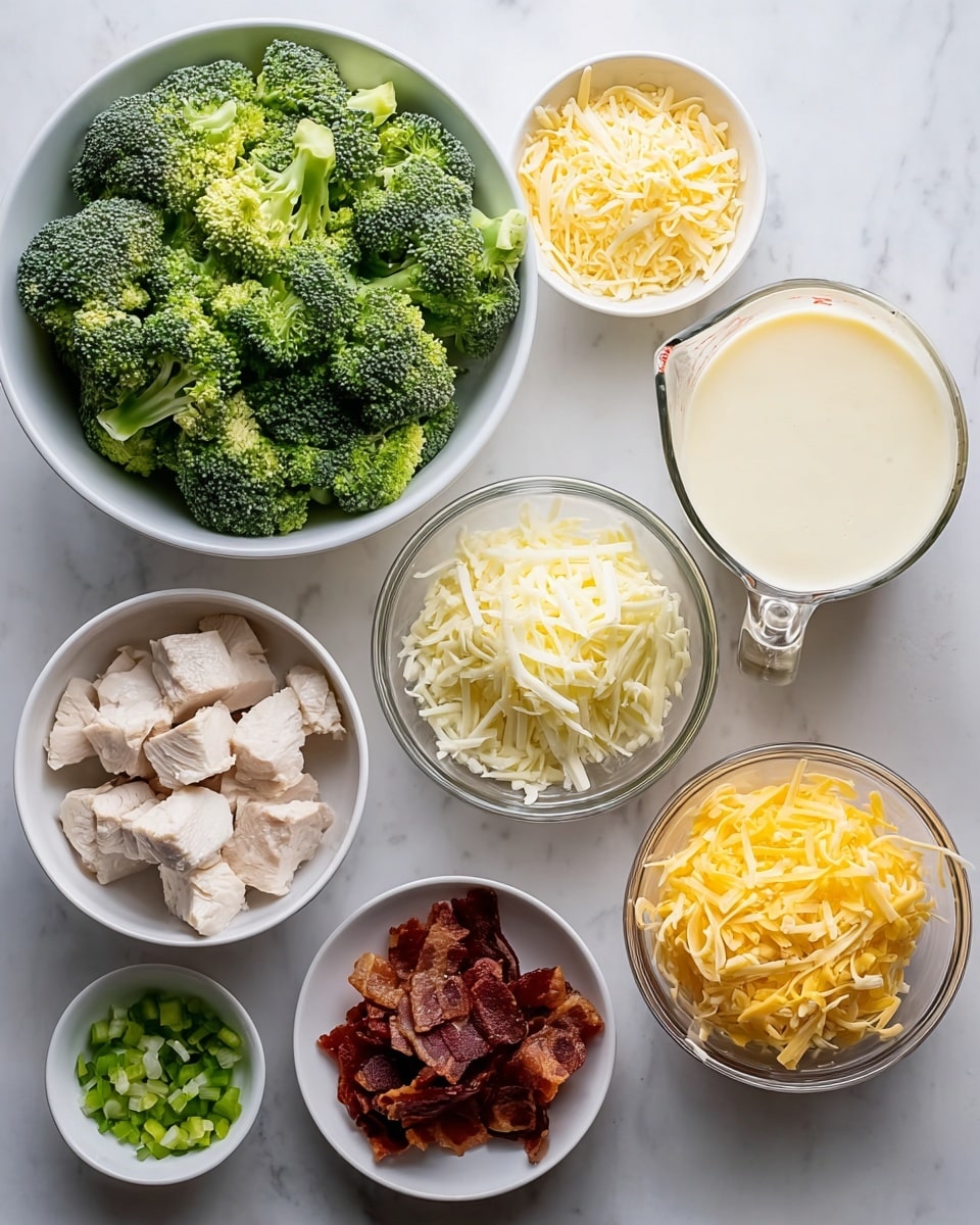 A white bowl filled with green broccoli florets sits at the top left, next to three smaller clear bowls containing different shredded cheeses in shades of light yellow and white. To the right, a glass measuring cup is filled with a creamy white sauce with visible black specks. Below the broccoli, a white bowl holds pieces of cooked light beige chicken. Next to it, a small white dish is filled with dark red, crispy bacon pieces. Below the bacon, a small white bowl contains small chopped white onions. All of these bowls and dishes are arranged neatly on a white marbled surface. photo taken with an iphone --ar 4:5 --v 7