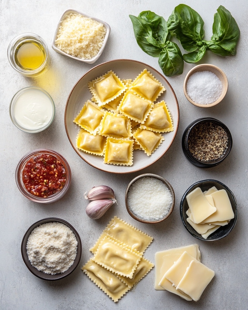 A close-up view of a baked dish in a white rectangular baking dish with a reddish handle, showing a bubbly, melted cheese layer on top mixed with browned pieces of sausage throughout. The cheese is creamy white with browned and orange spots where it has melted and crisped slightly. Small specks of dried herbs and red chili flakes are scattered evenly over the cheese, adding texture and color contrast. The crust edges appear golden and slightly puffy, resting on a white marbled surface photo taken with an iphone --ar 4:5 --v 7