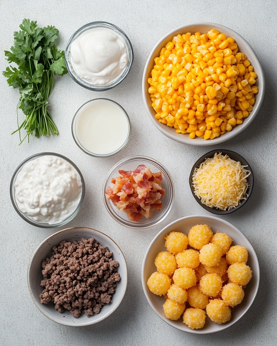 The image shows a white rectangular baking dish filled with one layer of evenly placed golden brown tater tots, topped with melted shredded cheddar cheese that is spread in an even layer and drizzled with bright reddish-orange sauce in thin lines across the top. There are small green herb pieces sprinkled lightly on the cheese, adding a touch of color contrast. The dish is sitting on a wooden surface with slight browning around the edges of the baking dish, showing it has been cooked. The photo taken with an iphone --ar 4:5 --v 7