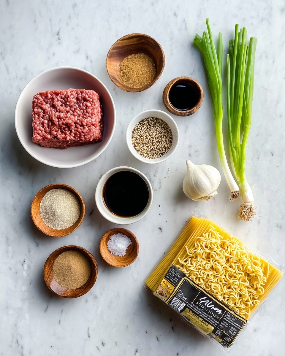 The image shows ingredients for making a ramen dish arranged on a white marbled surface. There is a white bowl with a block of red ground meat on the left. Near it, there are small wooden bowls and white bowls containing various seasonings like dark soy sauce, light brown sugar, minced garlic, sesame seeds, red chili flakes, salt, and a light brown powder. On the right, there is a yellow package of ramen noodles placed beside three fresh green onions with white bulbs. The overall scene looks clean, with the ingredients neatly spaced out, ready for cooking. Photo taken with an iphone --ar 4:5 --v 7
