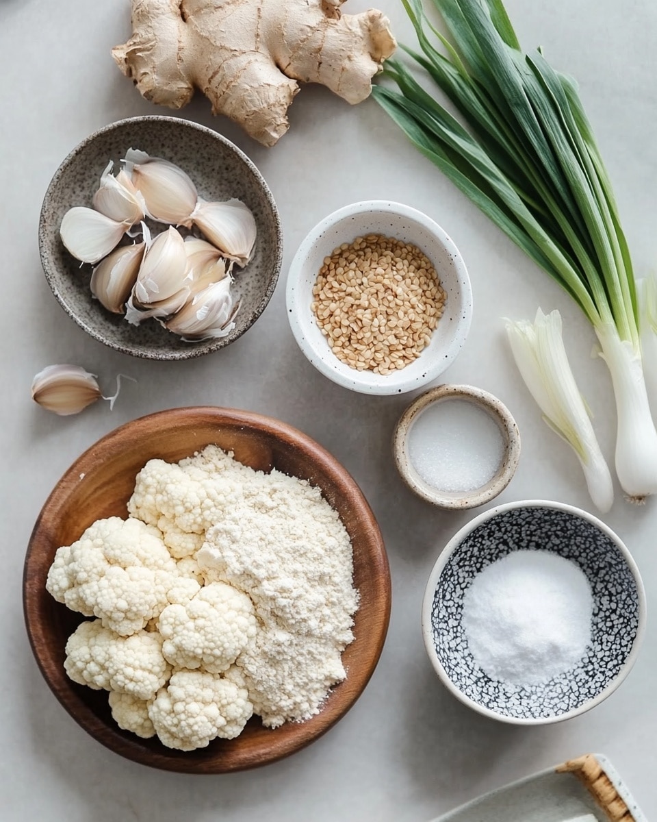 A white plate holds a base layer of small, fluffy white rice spread evenly across the bottom. On top of the rice, there is a large mound of dark brown glazed cauliflower florets, which are shiny and thickly coated with sauce. The cauliflower pieces look crispy under the sauce and are scattered with finely chopped green onions and small bits of red chili pepper, adding bursts of green and red color. Light sesame seeds are sprinkled over the whole dish, giving a slight texture contrast. The plate sits on a white marbled surface, and there is a soft cloth underneath part of the dish. Photo taken with an iphone --ar 4:5 --v 7