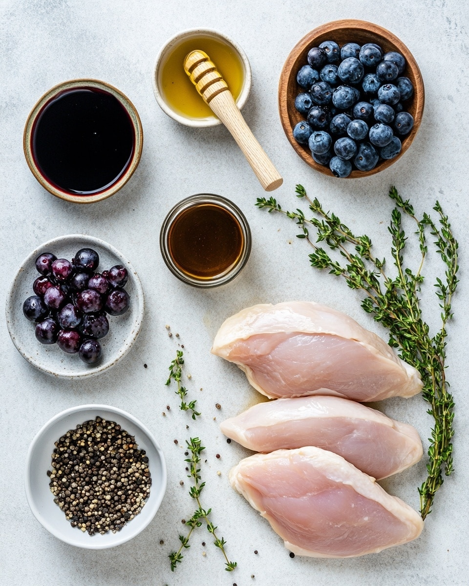 The dish shows three browned, shiny cooked chicken pieces placed in a shallow white bowl, each with a caramelized surface with some blackened grill marks. Each chicken piece is topped with a cluster of fresh, plump blueberries that are deep blue and slightly glossy. Small green herb sprigs rest on top of the blueberries, adding a fresh contrast. Around the chicken pieces, there are more scattered blueberries in a dark syrupy sauce that pools at the bottom of the bowl. The background surface is a white marble texture, softly blurred. Photo taken with an iphone --ar 4:5 --v 7