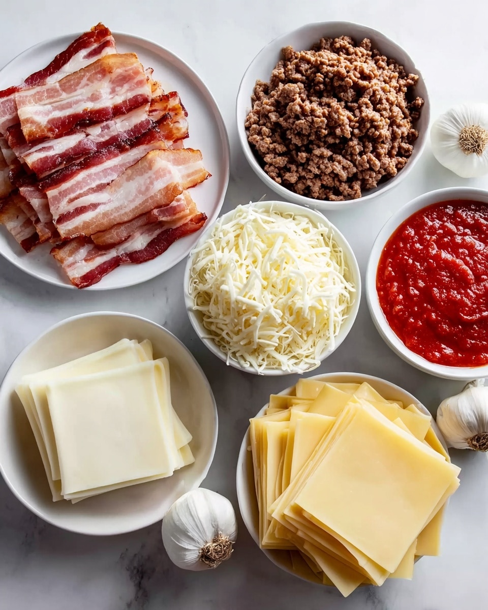 The image shows multiple white bowls and a white plate on a white marbled surface. On the left, there is a white plate with several slices of cooked bacon, showing a mix of reddish brown and lighter fat colors. Next to it is a white bowl filled with cooked ground beef, which is brown and crumbly in texture. In the center, a white bowl contains a pile of shredded white cheese with fine strands. Below this is a small white bowl with thick red tomato sauce. On the right, two white bowls hold stacks of flat, pale yellow lasagna sheets. There are also two whole bulbs of garlic placed on the surface between the bowls. photo taken with an iphone --ar 4:5 --v 7