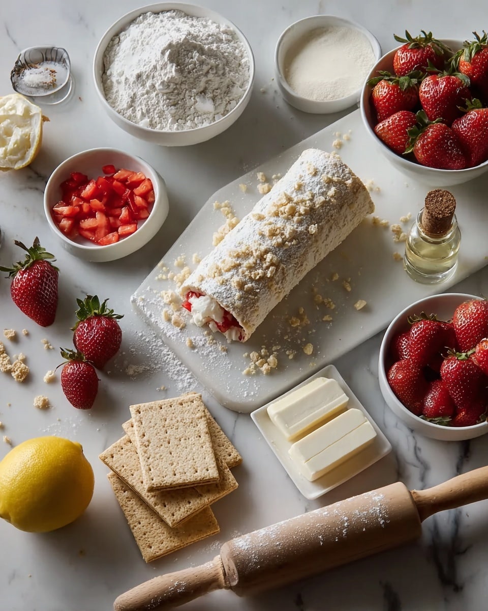 The image shows a white rectangular plate with three rolled sponge cakes arranged in a row. Each roll has a crumbly, light golden outer layer covered with small, crunchy pieces and sprinkled with white powdered sugar. Inside, there is a thick layer of white cream filling and bright red sliced strawberries neatly placed along the length of the roll. Around the plate, fresh whole strawberries and green mint leaves add vibrant color, all set on a white marbled surface. Photo taken with an iphone --ar 4:5 --v 7