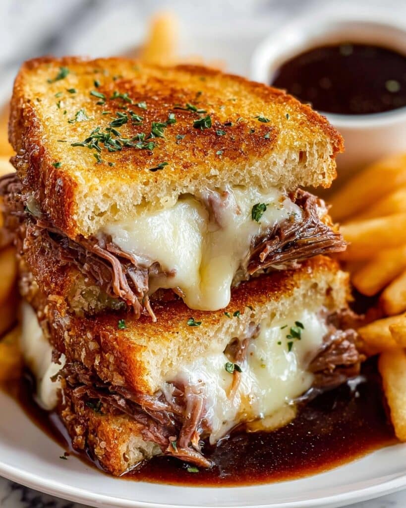 French Dip Grilled Cheese with Caramelized Onions and Rich Au Jus Recipe