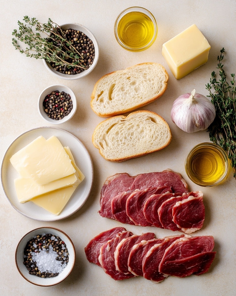 A close-up of a stacked grilled sandwich with three layers: the top and bottom layers are golden-brown toasted bread with a crispy texture, sprinkled with small green herb leaves. Between the bread layers, there is shredded tender dark brown meat and thick melted white cheese oozing out, especially in the middle. The sandwich is placed on a white plate, with dark brown dipping sauce surrounding the base, and some fries blurred in the background. The surface beneath has a white marbled texture. Photo taken with an iphone --ar 4:5 --v 7