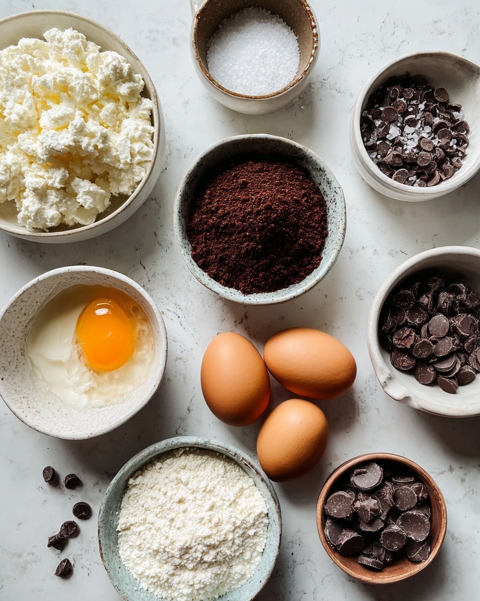 The image shows several small white bowls arranged on a white marbled surface. Each bowl contains different ingredients: one bowl is filled with white cottage cheese, another with dark brown cocoa powder, a third with small dark chocolate chips, and a fourth with large dark chocolate discs. Two medium brown eggs are placed directly on the surface along with a single egg with an orange yolk in a bowl. There are two more bowls with white granulated sugar and coarse salt. The textures vary from the smooth surface of the eggs to the crumbly cheese and fine powder of cocoa. The overall arrangement is neat, with a natural light shining from the side. photo taken with an iphone --ar 4:5 --v 7