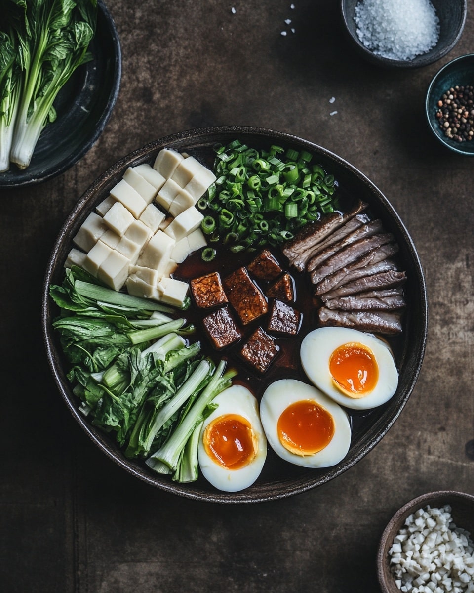 A white bowl holds a layered dish starting with a base of light beige noodles on the right side, with thin bright green cucumber slices behind them. On top and around the bowl edge are dark brown slices of cooked meat sprinkled with light tan sesame seeds. In the middle, a small pile of chopped vibrant green scallions adds color. A pair of wooden chopsticks held by a woman's hand lifts one thick, dark brown piece of meat, showing its textured surface and light beige fat streaks. In the blurry background, there is a white bowl with more meat slices and a smaller white bowl with dark sauce on a white marbled surface. Photo taken with an iphone --ar 4:5 --v 7