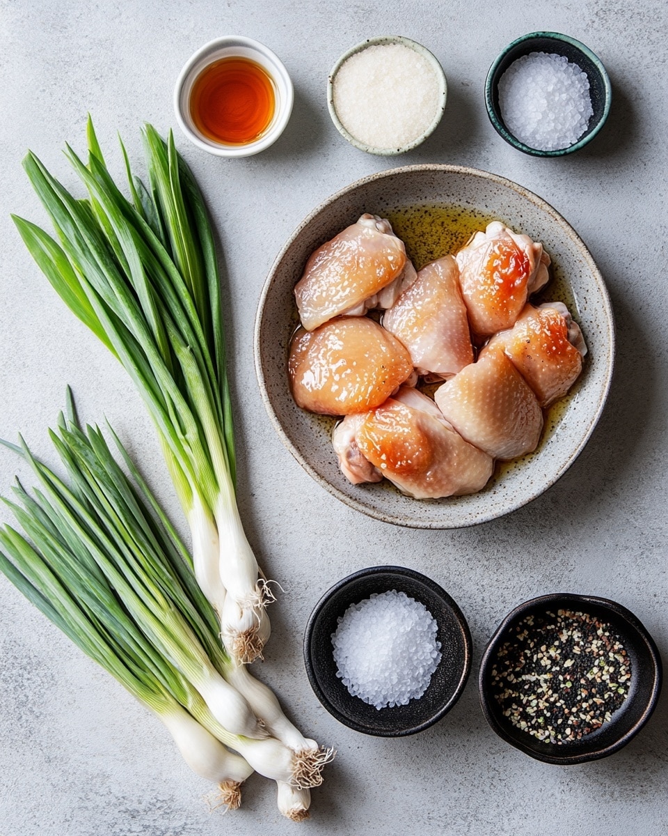 The image shows three wooden skewers laid side by side on a white plate with grilled pieces of chicken and green onion sections. The chicken is browned with some darker charred spots, giving it a slightly crispy texture on the edges. The green onion pieces are mixed in between the chicken chunks, showing a light green color and some freshness. Small slices of green onion are sprinkled on top of the skewers, adding a pop of color. In the background, there is a white bowl of dark sauce with a dark spoon inside and a soft yellow cloth. All is set on a white marbled surface. photo taken with an iphone --ar 4:5 --v 7