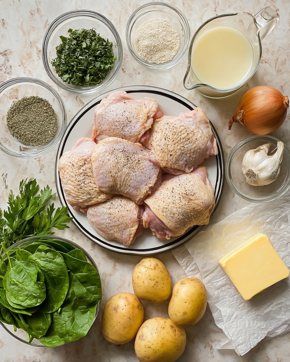 The image shows six pieces of raw chicken thighs with skin, seasoned with black pepper, placed on a white plate with a black rim, sitting on a white marbled surface. Around the plate, there are clear glass bowls holding various herbs and spices, including green leafy parsley, dried herbs, and flour. Fresh spinach leaves, a bulb of garlic with some cloves peeled, two measuring cups filled with a light yellow liquid and cream, respectively, a few small yellow potatoes, and a block of butter on white parchment paper are also arranged neatly on the surface. The composition gives the feel of fresh ingredients gathered for cooking. photo taken with an iphone --ar 4:5 --v 7