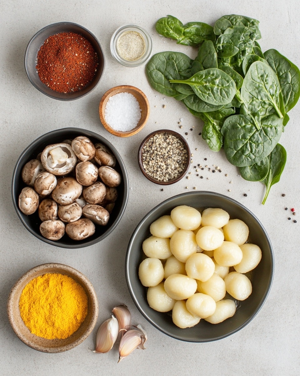 A close-up view of a large metal pan filled with three main layers: plump light yellow gnocchi, browned sliced mushrooms, and bright green spinach leaves, all covered in a creamy light beige sauce that has red pepper flakes sprinkled on top. The gnocchi layer forms the base and middle of the dish, the mushrooms are evenly spread throughout, slightly browned and curved, and the spinach is mixed within, adding a fresh green contrast. The sauce is creamy and smooth, pooling around the edges of the ingredients, making the whole mixture look rich and flavorful, all sitting on a white marbled textured surface with some silver forks beside the pan. Photo taken with an iphone --ar 4:5 --v 7
