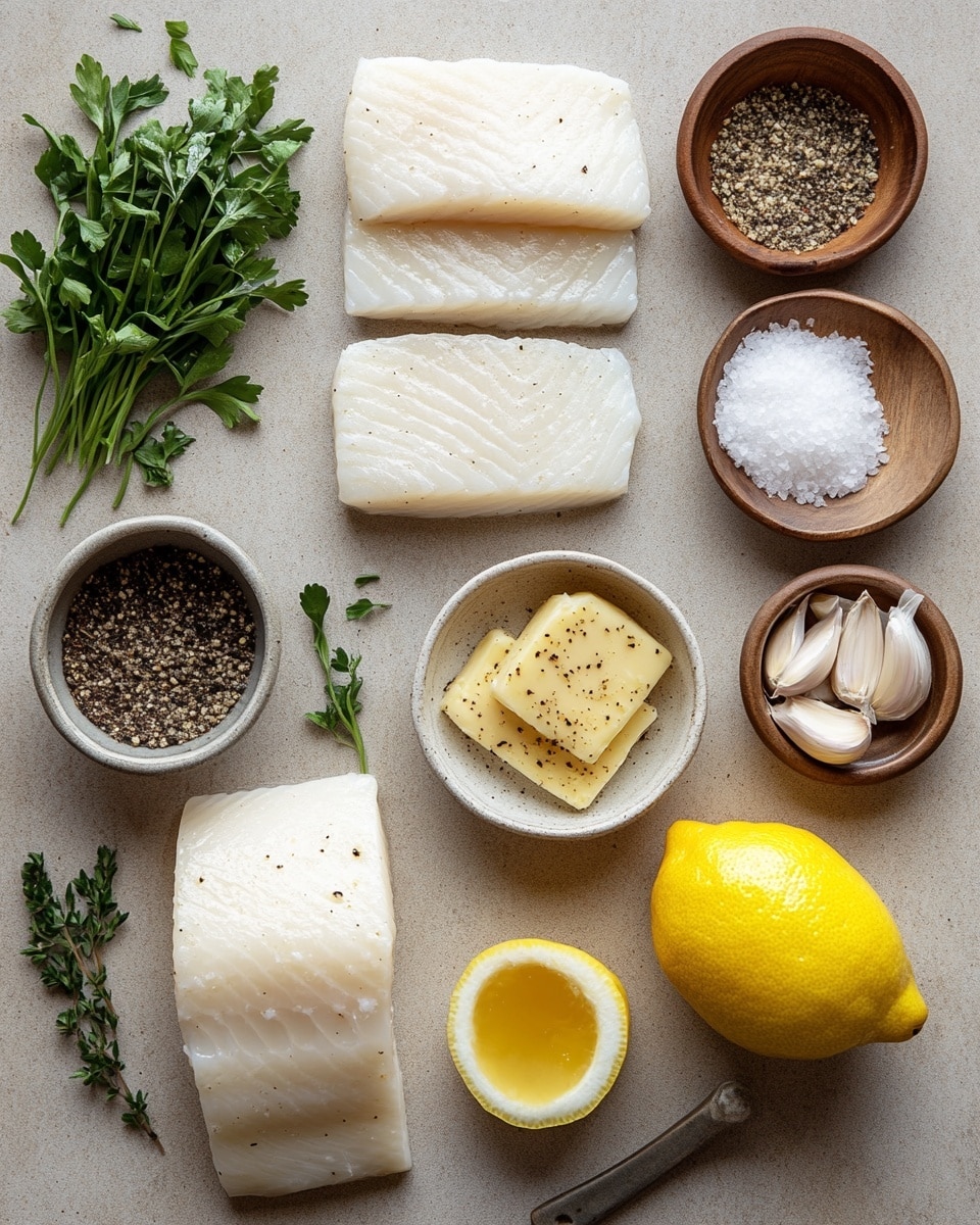 A close-up image of a white fish piece with a topping of chopped green herbs and small bits of garlic on top, showing textured layers of white fish underneath; the fish is slightly lifted by a silver fork from a white dish. Below the fish, there is a thin layer of light orange sauce, pooling around slices of bright yellow lemon. Another piece of fish with the same herb topping and lemon slices is partially visible at the front of the white dish. The scene is set on a white marbled surface with some green leaves blurred in the background. photo taken with an iphone --ar 4:5 --v 7