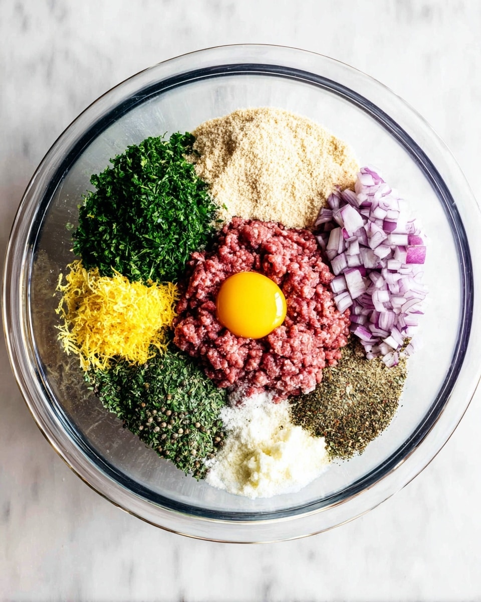 A clear glass bowl on a white marbled surface holds several uncooked ingredients neatly separated into layers. Starting from the top left, there is a bright green chopped herb, next to a beige layer of fine crumbs. To the right, a pile of small purple and white chopped onions. Below the onions, another layer of darker green chopped herbs. At the bottom left, there is bright yellow lemon zest. Just above that on the left side, raw red ground meat forms a thick layer. In the center of the bowl, a single raw egg yolk sits on top of the meat, surrounded by scattered piles of white minced garlic, light brown dried herbs and spices, and small piles of black pepper and salt. The image is bright and clear, photo taken with an iphone --ar 4:5 --v 7