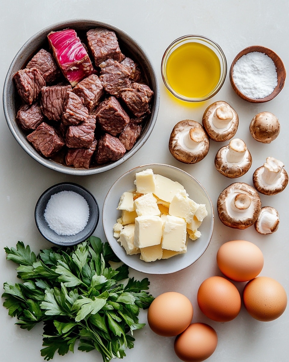 A round pie on a white pie dish with a golden brown flaky top crust that covers the whole pie except for one large missing slice showing a dark brown filling with chunks of meat and mushrooms. The pie dish sits on a wooden board on a white marbled surface, next to a gray cloth napkin on the left side and a small white bowl with black pepper on the right lower corner. In the upper right corner, there is a stack of white plates with a fork, and a small piece of the same pie filling on the top plate. Photo taken with an iphone --ar 4:5 --v 7