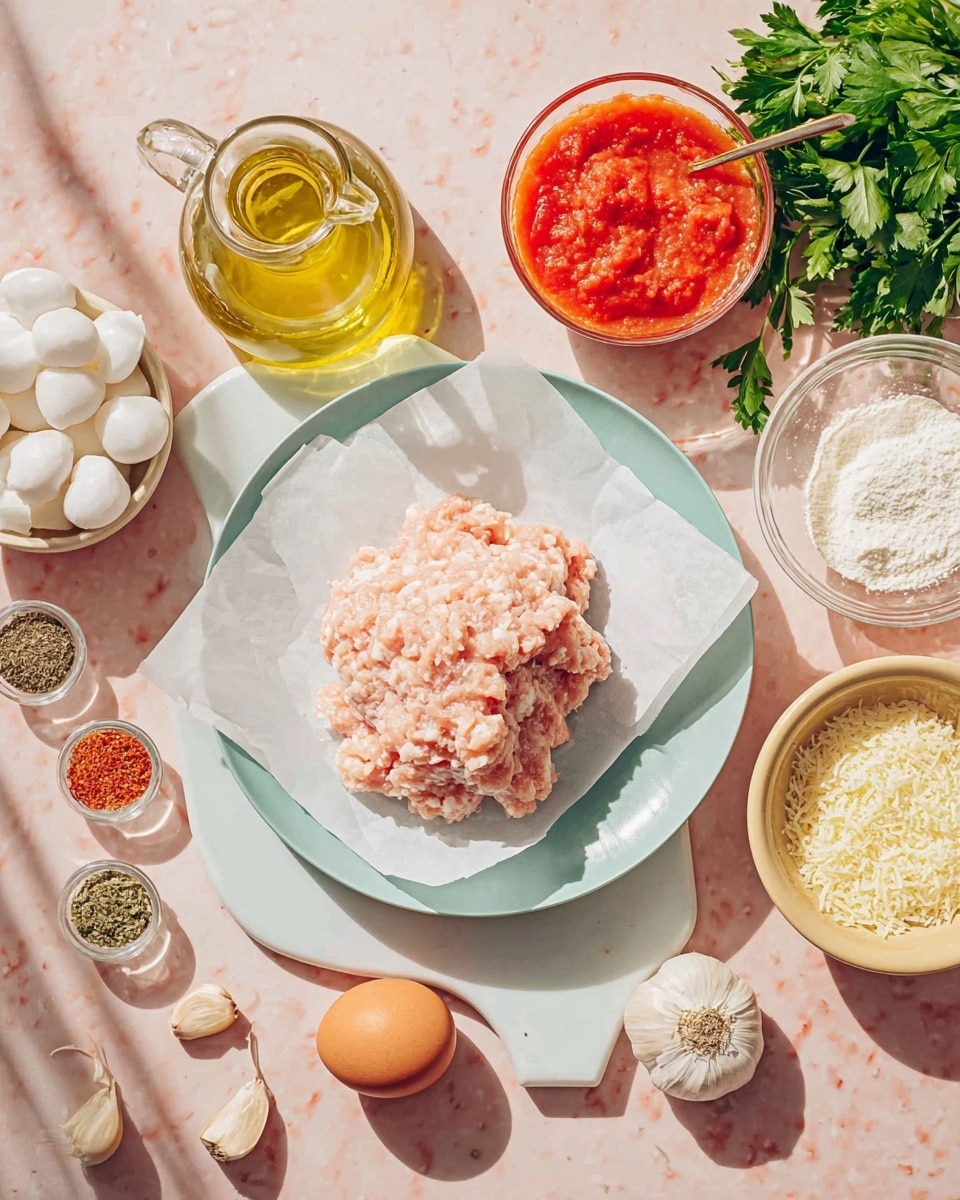 The image shows a white plate topped with a layer of white parchment paper, holding a mound of pale pink ground chicken in the middle, resting on a light blue cutting board. Around the plate, ingredients are arranged on a pink textured surface: a glass jug with light golden oil on top, a glass cup filled with chunky bright red tomato sauce on the top right, and fresh green parsley bunch to the far right. Bowls hold small white mozzarella balls on the bottom left, white grated cheese below, and a tan bowl with light yellow breadcrumbs to the bottom right. On the cutting board beside the plate are four garlic cloves and a single brown egg. Small bowls with green dried herbs, orange-red seasoning, ground black pepper, and salt cluster in the upper left portion of the image. The setting is bright and well lit with natural light casting soft shadows. The whole setup is on a white marbled surface. Photo taken with an iphone --ar 4:5 --v 7