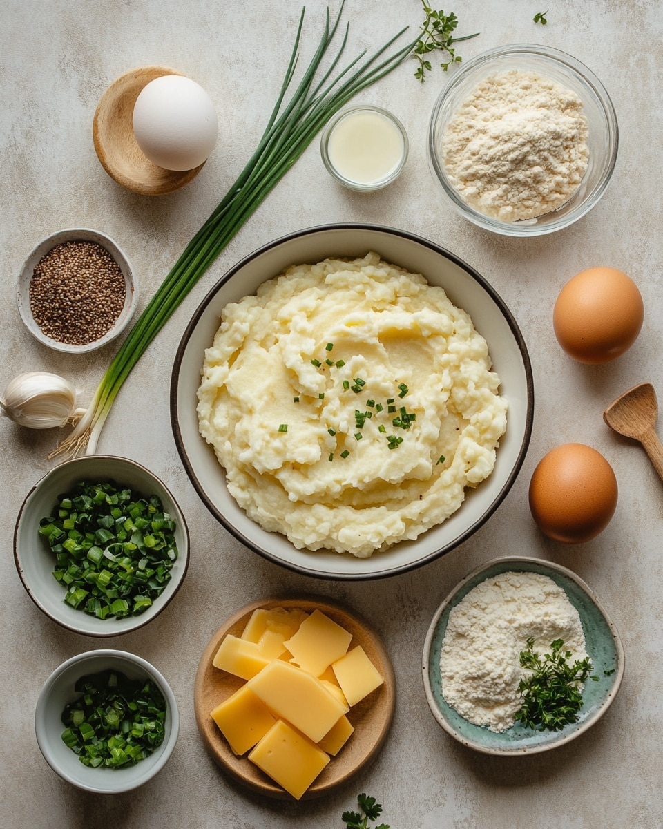 The image shows a close-up of seven golden brown, round fried balls on a brown baking tray with a slightly rough texture. One of the balls is broken open, revealing a creamy, melted yellow cheese filling mixed with bits of white potato and green herbs inside. Small crispy crumbs are scattered around the balls. On the right edge of the tray, there is a small round white bowl filled with smooth white dipping sauce. The background has a white marbled texture. photo taken with an iphone --ar 4:5 --v 7