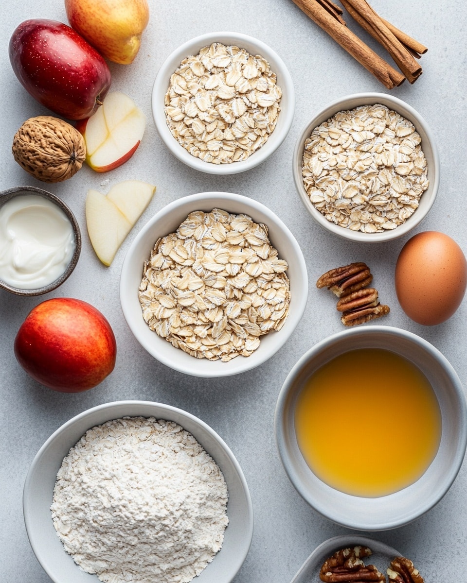 The image shows a square batch of oat crumb cake cut into small square pieces, with one piece pulled out from the rest. The cake has two layers: a soft, light brown inside texture with visible oat bits, and a crumbly, golden-brown oat streusel layer on top. This crumb layer is drizzled with white icing in thin, uneven lines. Surrounding the cake are scattered crumbs and bits of oat streusel on a white marbled surface. In the background, there is a clear glass bowl of white icing and a jar of cinnamon, while a silver spoon with some white icing rests next to the cake. photo taken with an iphone --ar 4:5 --v 7
