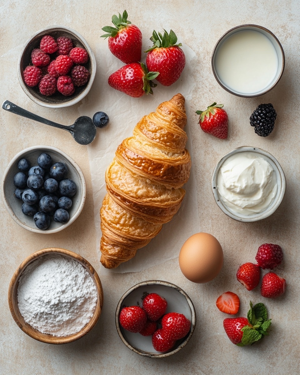 This image shows a white square baking dish filled with a layered bread pudding topped with mixed berries. The bottom layer is a light yellow custard soaked into golden brown pieces of bread with a slightly crispy texture. On top, there are bright red strawberries cut into quarters, dark blueberries, and red raspberries scattered evenly across the surface. The whole dish is dusted with powdered sugar, adding a light white texture on top. The baking dish sits on a white marbled surface. photo taken with an iphone --ar 4:5 --v 7