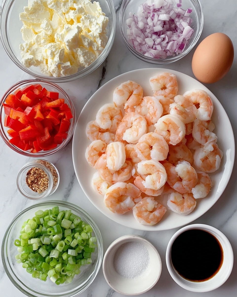 The image shows a white plate full of cooked shrimp stacked in the center, surrounded by small clear glass bowls holding diced red bell peppers in a bright red color on the top, finely chopped light purple onions on the left, and green chopped scallions below. There is a larger clear bowl with creamy white cottage cheese on the upper left, and two brown eggs are placed on the white marbled surface near the top right. A small white bowl contains dark soy sauce at the bottom right, a white ceramic dish with granulated white sugar is positioned near the center bottom, and a very small white bowl with crushed nuts and spices is near the center between the chopped onions and sugar. The background is a white marbled surface. photo taken with an iphone --ar 4:5 --v 7