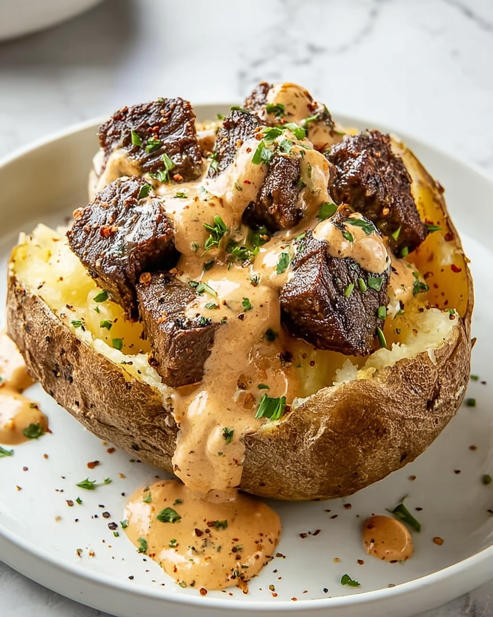 Loaded Baked Potato with Steak Bites and Parmesan Cream Sauce Recipe