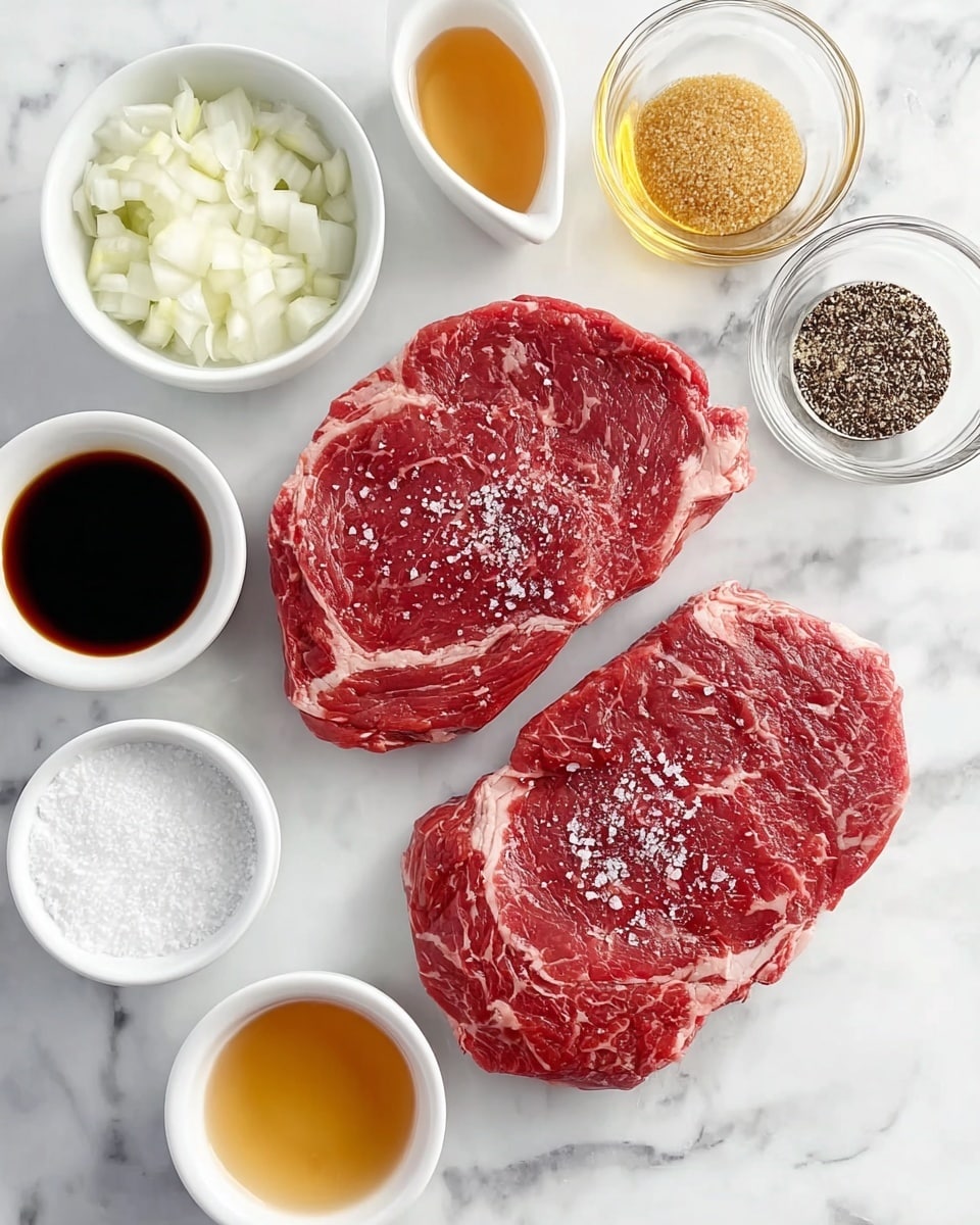 Two raw red steaks with white marbling and a light sprinkle of salt lie side by side on a white marble surface. Surrounding the steaks are seven small white and clear bowls containing different ingredients: one with chopped white onions, one with dark soy sauce, one with golden honey, one with coarse black pepper, one with golden brown sugar, one with white flakes, and one with white salt. The ingredients are neatly placed around the steaks, creating a balanced and organized arrangement. The whole scene sits on a white marbled surface with soft, natural lighting. photo taken with an iphone --ar 4:5 --v 7