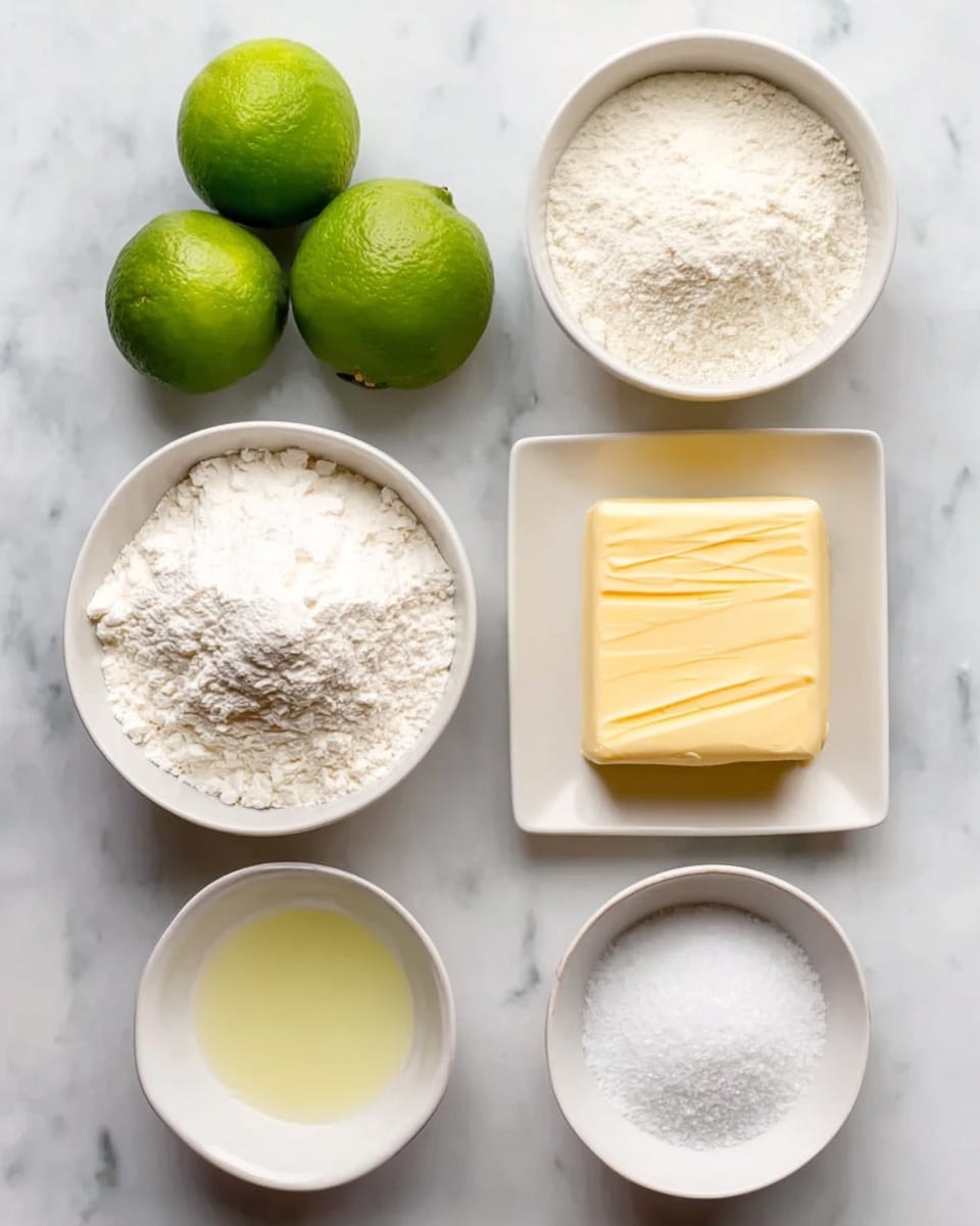 The image shows six items arranged neatly on a white marbled surface. There are three green limes placed close together in the top left. To the right of the limes is a white bowl filled with a fine white powder. Below the limes is a small white bowl holding a pale yellow liquid. Directly next to it on the right, a square white plate holds a block of light yellow butter with visible textures on its surface. Below these are two more white bowls; the left one contains white flour, and the right one holds granulated white sugar. The items are evenly spaced, showing different colors and textures in a clean, bright setting. photo taken with an iphone --ar 4:5 --v 7