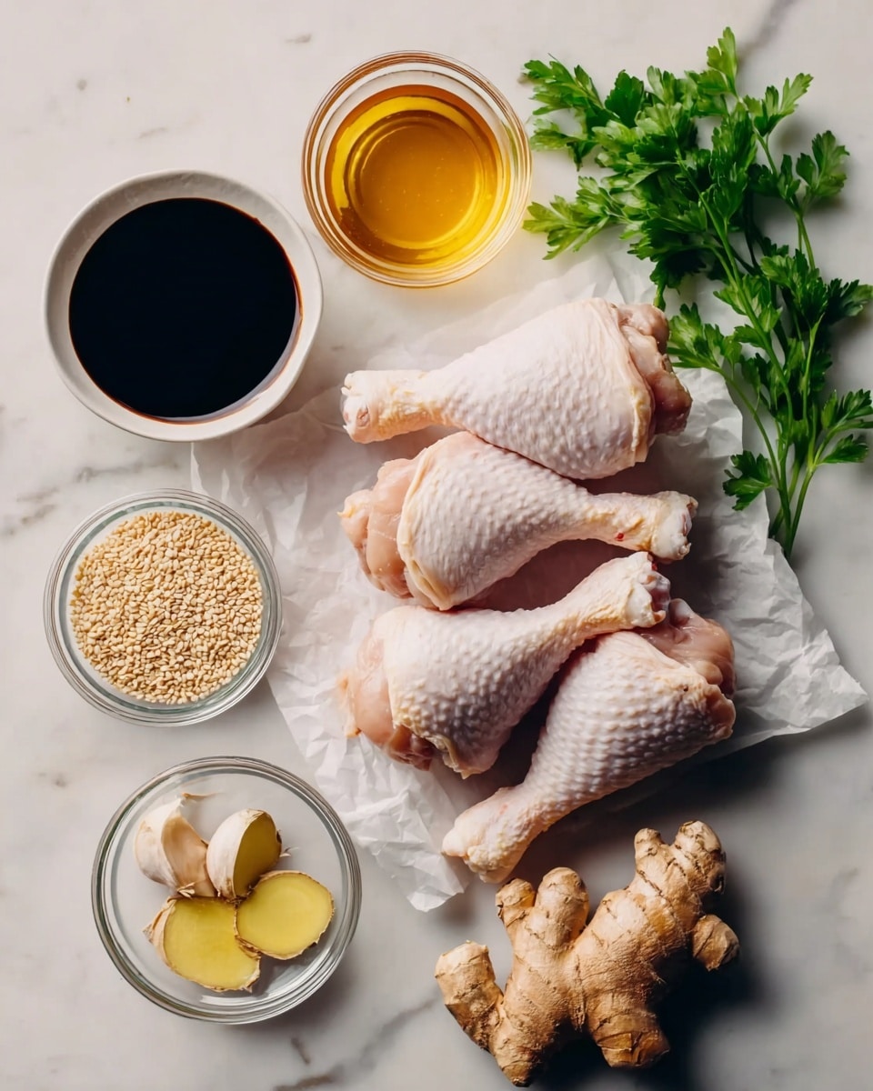 The image shows six raw chicken drumsticks stacked on white paper at the center right on a white marbled surface. Above them to the right is a green parsley sprig with multiple leaves spread out. To the top left of the drumsticks, there is a small white bowl filled with dark soy sauce and next to it on the left is a bigger clear glass bowl holding golden liquid, probably honey or syrup. Below that to the left is a small clear glass bowl of sesame seeds. Near the bottom center of the image, there are three garlic cloves and two thin slices of fresh ginger. To the bottom right is a piece of ginger root with its rough brown skin and knobs. The objects are arranged neatly with soft natural light illuminating their textures. Photo taken with an iphone --ar 4:5 --v 7