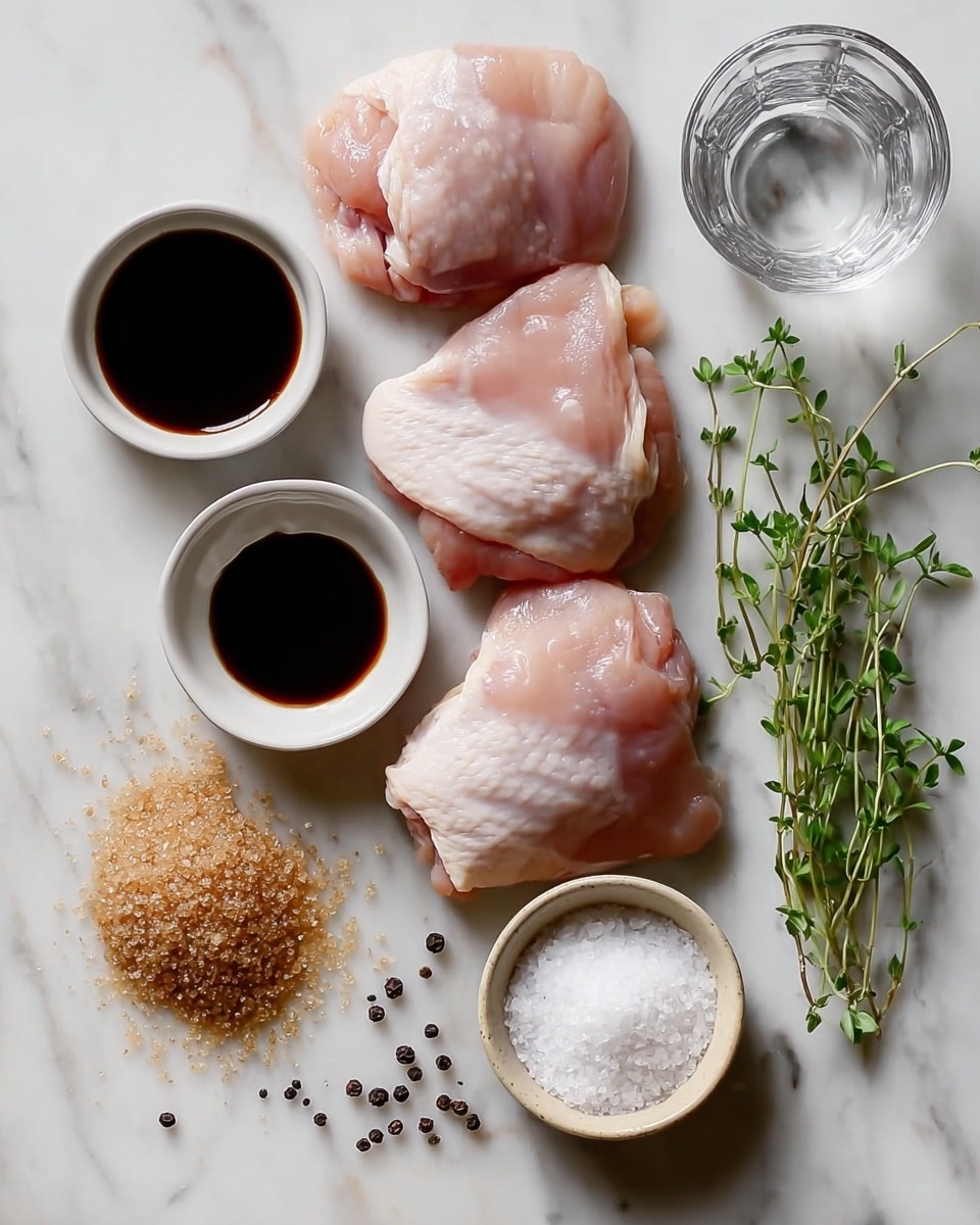 The image shows four pieces of raw pale pink chicken thighs with some white fat on a white marbled surface, placed near a small clear glass of water at the top right. Below the chicken, there are two small white bowls: one with dark soy sauce and the other with a slightly lighter dark sauce. To the left of these bowls, there is a small pile of light brown sugar crystals scattered on the surface. At the bottom right, there is a small beige bowl filled with coarse white salt. Fresh green herb sprigs with small leaves and thin stems lie to the right of the ingredients, along with a small line of black peppercorns near the top middle of the image. The photo taken with an iphone --ar 4:5 --v 7