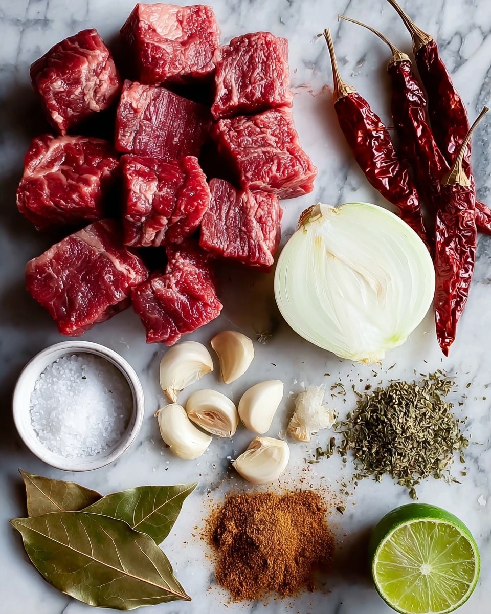 The image shows a white marbled surface with raw red meat cubes with light marbling placed in a cluster on the top left. To the right of the meat, there is a half white onion facing up. Next to the onion are several whole dried red chili peppers. Below the meat and onion are peeled garlic cloves with some cloves still whole and some slightly broken. Towards the bottom right, a small white bowl holds a heap of brown powdered spice powder. Beside it, there is a small pile of dried green herbs scattered on the marble. At the bottom left, a small white bowl contains coarse white salt. Nearby, two bay leaves lay flat. A green lime is cut in half, one half showing the juicy inside and the other whole, placed near the bottom center of the image. Photo taken with an iphone --ar 4:5 --v 7