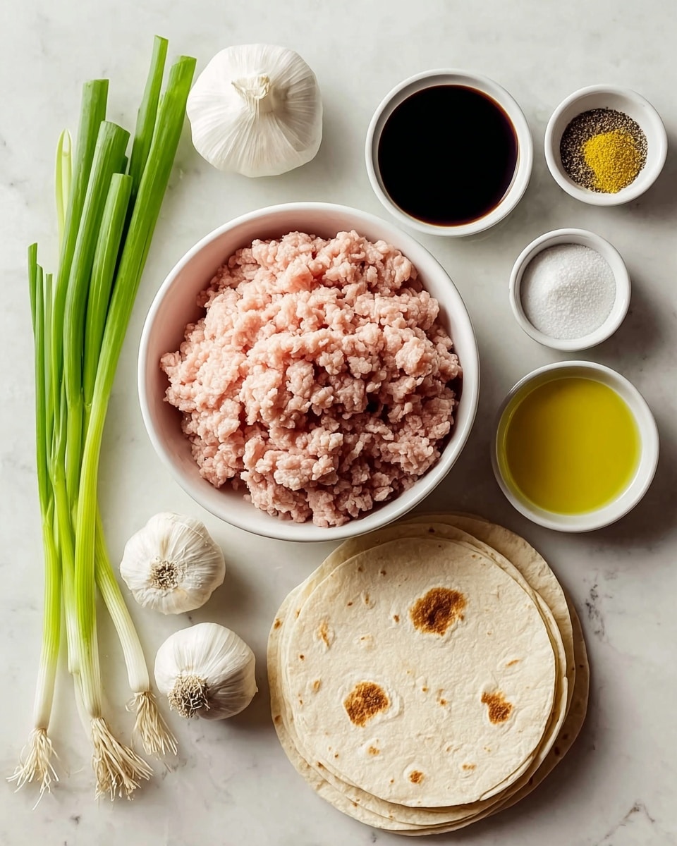 The image shows a white marbled surface with cooking ingredients neatly arranged. In the center is a white bowl filled with pale pink ground meat. To the top right of the bowl are three small white bowls holding dark soy sauce, white salt, and a mix of black pepper, yellow powder, and white seasoning. Below the ground meat bowl, there is a stack of soft, light beige tortillas with faint brown spots. On the left side, four fresh green onion stalks lay next to three whole white garlic bulbs and a small white bowl filled with golden yellow oil. The setup is clean and well spaced, ready for cooking. photo taken with an iphone --ar 4:5 --v 7