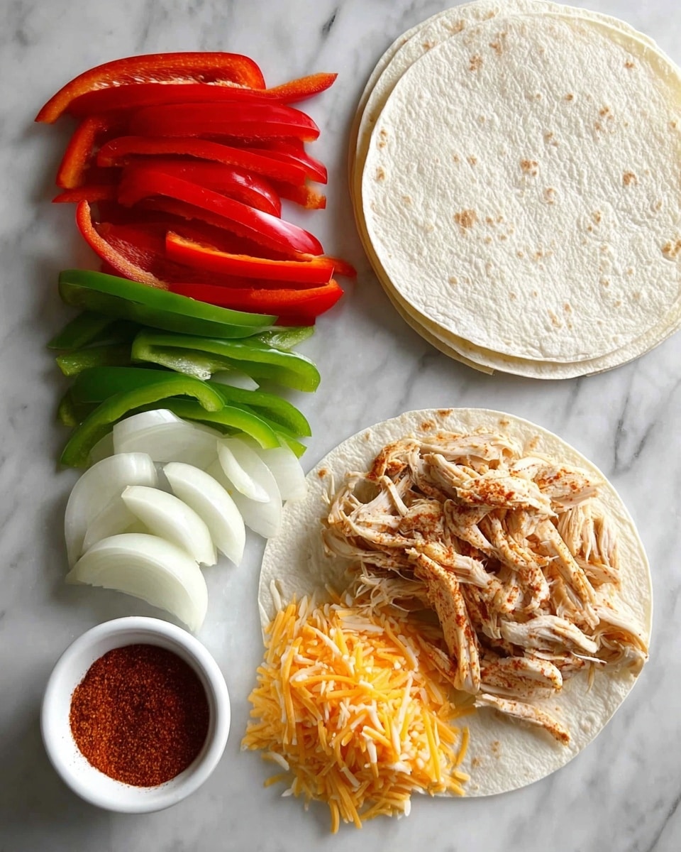 The image shows a preparation for chicken fajitas placed on a white marbled surface. There are three soft white tortillas stacked at the top right. Below the tortillas is a single tortilla with a pile of seasoned shredded chicken, light brown with some red spice visible. To the left of the chicken are sliced vegetables neatly arranged in layers: bright red bell pepper strips on top, green bell pepper strips beneath them, and white onion slices below the peppers. At the bottom right side of the image is a small mound of shredded orange and white cheese. On the bottom left corner, a small white bowl contains reddish-brown fajita seasoning. The arrangement is neat and colorful, with all ingredients clearly visible. Photo taken with an iphone --ar 4:5 --v 7