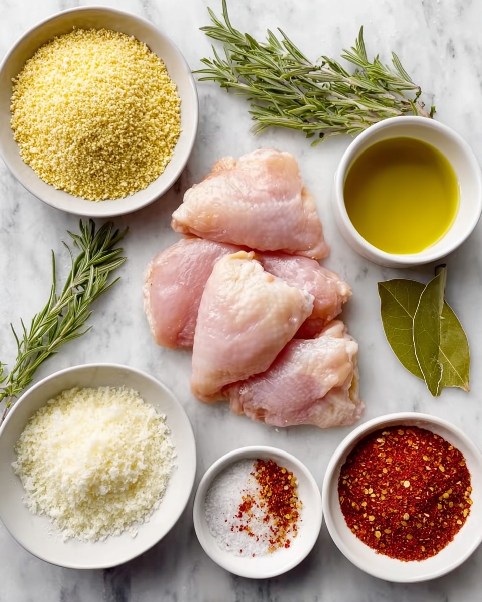 The image shows three raw, pale pink pieces of chicken placed in the center on a white marbled surface, surrounded by five small white bowls. The largest bowl at the top left is filled with yellow, grainy breadcrumbs. To the right of it, a bowl holds golden olive oil. Below the olive oil, there is a bowl with coarse white sea salt. Near the bottom left, a bowl contains finely grated white cheese, while next to it at the bottom right, two bowls show a vibrant red chili powder with small flakes and a light beige garlic powder. Sprigs of fresh green rosemary and two green bay leaves are placed near the chicken. The entire arrangement is neat and evenly spaced. Photo taken with an iphone --ar 4:5 --v 7