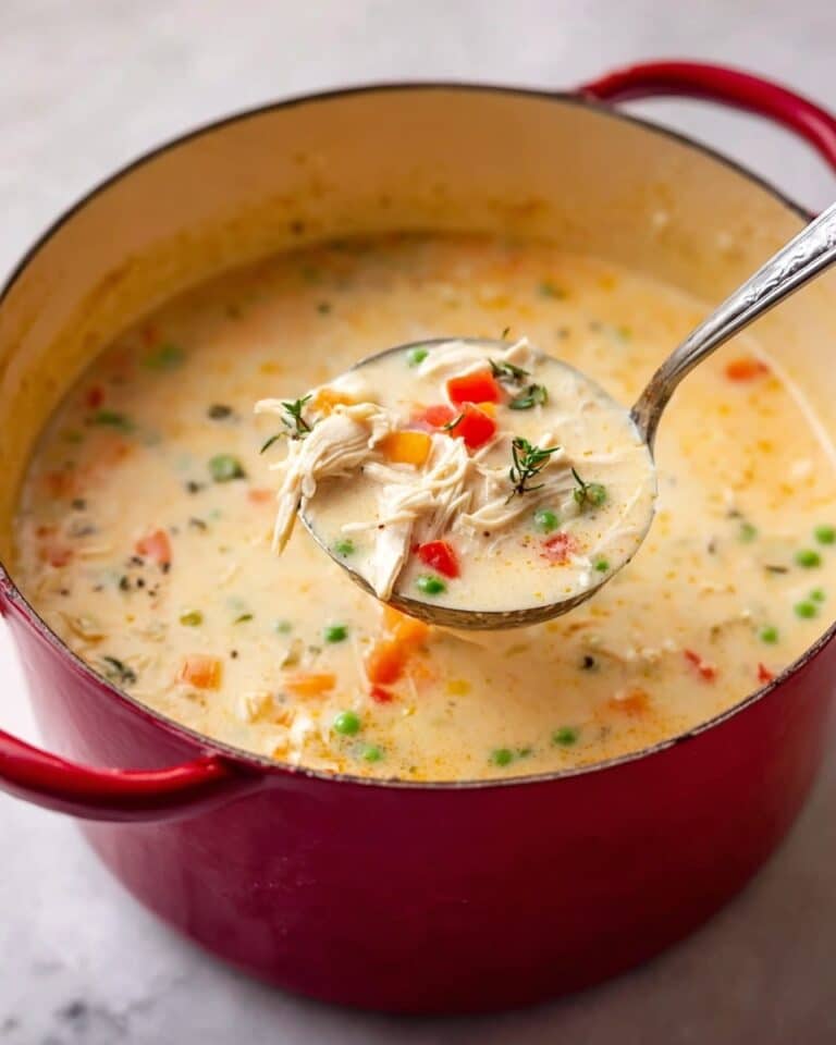 Creamy Homemade Chicken Soup with Vegetables and Croutons Recipe