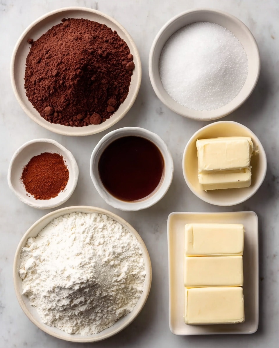 The image shows seven white dishes placed on a white marbled surface, each holding different baking ingredients. The top left round bowl is full of dark brown cocoa powder with a soft, powdery texture. Next to it, a very small round bowl contains a reddish-brown fine powder. To the right is a medium round bowl with white granulated sugar, showing a smooth, sparkling surface. Below the sugar bowl, a slightly smaller dish holds a fine white powder likely salt. Below the cocoa powder, a large round dish is filled with white flour, piled high with a loosely packed, powdery texture. On the bottom left, a round bowl contains several thick, square pats of pale yellow butter with smooth surfaces. To the right, a rectangular dish holds a single block of butter with a creamy, soft look and small swirled marks on top. A medium round bowl with dark brown liquid, shiny and smooth, is positioned between the sugar and butter dishes. photo taken with an iphone --ar 4:5 --v 7