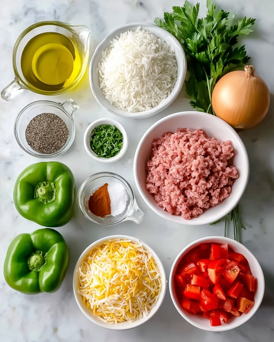 The image shows ingredients neatly arranged on a white marbled surface. There are two green bell peppers at the bottom left. Above them is a small white bowl with black and white pepper. To their right, a larger white bowl is filled with white rice. Next to the rice is a small bunch of fresh green parsley. Above the rice is a white bowl full of mixed shredded cheese in yellow and white colors. To the left of the cheese is a small white bowl containing a mix of green herbs and white salt. Above that, a small white bowl holds reddish-brown chili powder. A glass measuring cup filled with golden yellow oil sits to the left of the chili powder. Next to the oil, in the upper left corner, is a white bowl filled with raw ground meat in pink shades. Near the upper right corner sits a white bowl full of diced red tomatoes. A whole yellow onion rests between the oil and tomato bowls. The colors are bright and fresh, and everything is clearly visible, laid out on the smooth white marble background. Photo taken with an iphone --ar 4:5 --v 7