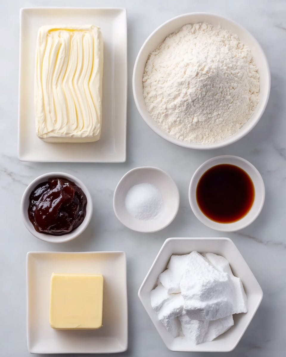 The image shows six white dishes arranged neatly on a white marbled surface. On the top left, there is a rectangular plate with a block of cream cheese that has soft ridges on the surface. To its right, there is a round bowl filled with flour that is slightly heaped. Below the flour bowl, there are two small round dishes; the left one holds a pile of salt, and the right one contains dark brown vanilla extract. On the bottom left, a square dish has a piece of pale yellow butter, and next to it, a round bowl contains a thick dark brown jam. On the bottom right, a larger white hexagonal bowl is full of powdered sugar, heaped to form small peaks. The photo taken with an iphone --ar 4:5 --v 7