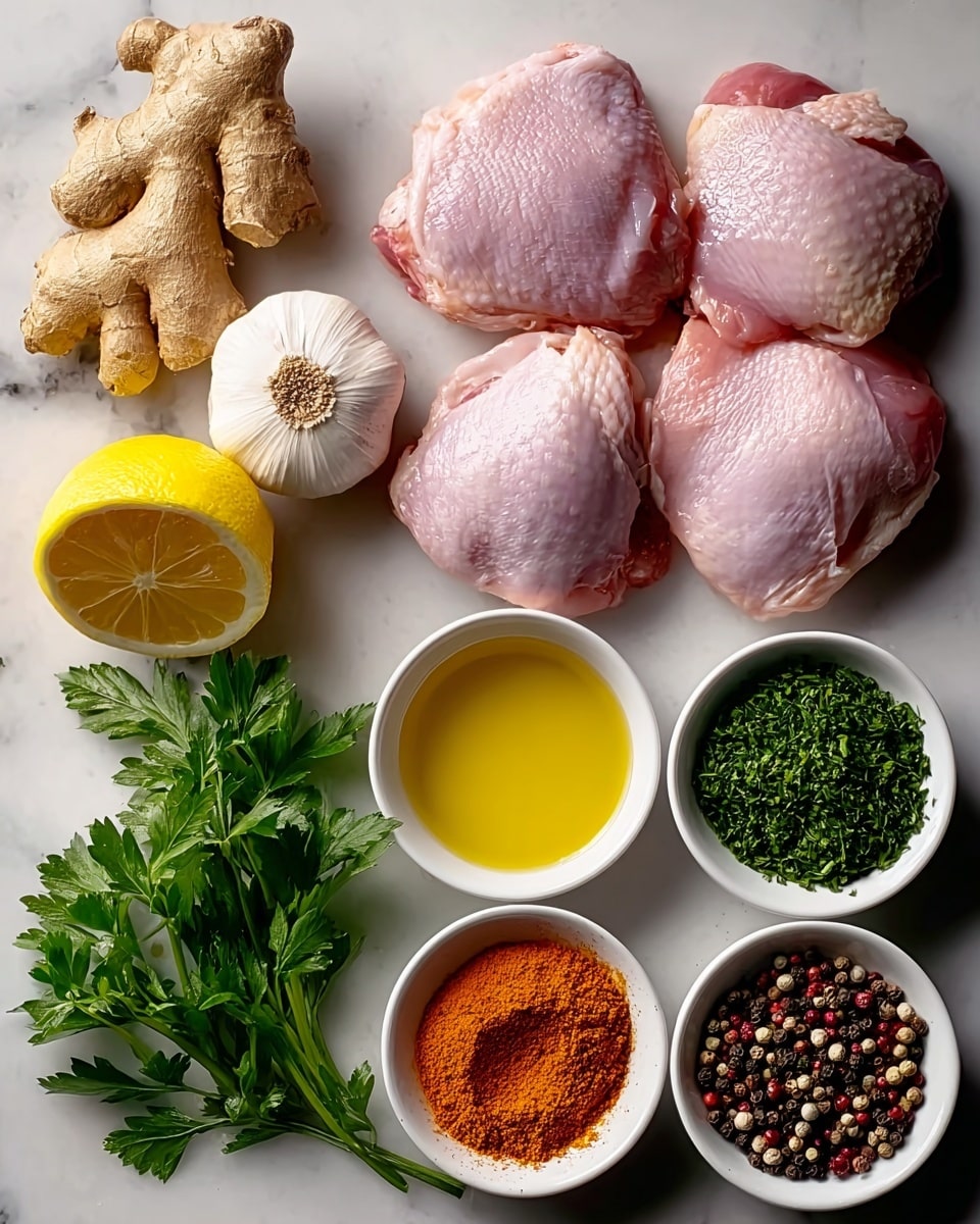The image shows four raw pink chicken thighs placed in a cluster on the left side of a white marbled surface. Above them, there are two pieces of fresh light brown ginger root and a whole white garlic bulb. Below the chicken, there is a bright yellow lemon half next to some fresh green parsley leaves. On the right side, five small white bowls are arranged in two columns: the top left bowl contains a bright orange powder, the top right bowl has finely chopped green herbs, the middle left bowl is filled with golden yellow oil, the middle right bowl holds a deep red powder, and the bottom right bowl contains coarse salt mixed with dark peppercorns. Photo taken with an iphone --ar 4:5 --v 7