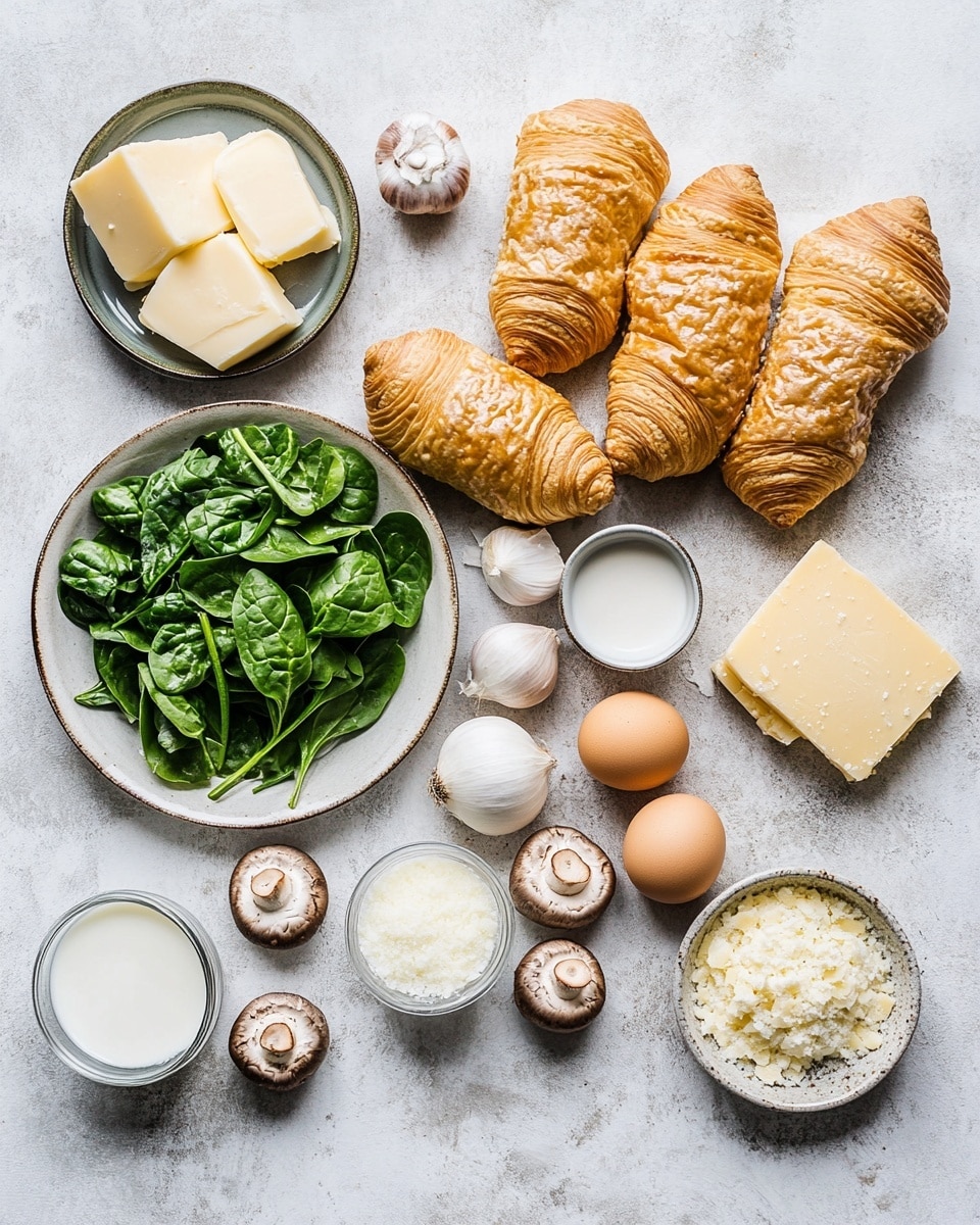 The image shows a white rectangular ceramic baking dish filled with a cheesy casserole that has a golden brown crispy top layer. The top layer is melted cheese with browned edges, mixed with wilted dark green spinach and small pieces of cooked mushrooms, creating a textured, uneven surface. Some melted cheese has stuck to the sides of the dish. A silver spoon is partially buried inside the casserole on the left side, revealing a soft, creamy mixture below the crispy top. The dish is set on a white marbled surface. Photo taken with an iphone --ar 4:5 --v 7
