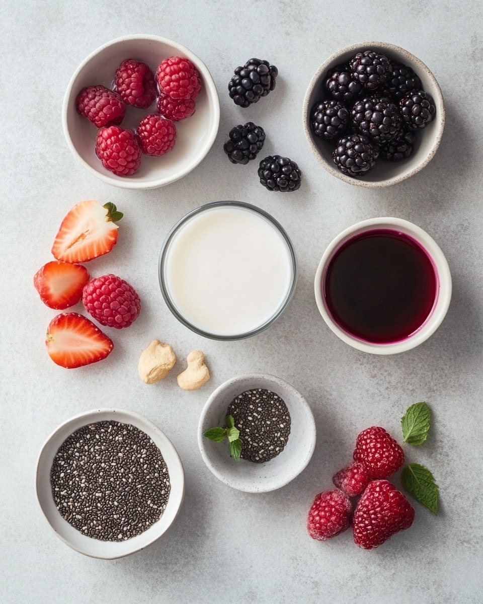 Two clear glasses filled with a pink chia pudding layer with visible chia seeds spread evenly from bottom to top. On top of the pudding, there is a mix of frozen berries including raspberries, blackberries, and cherries, some covered with light frost and a small green sprig with tiny pink flowers arranged among the berries. Each glass has a spoon inside, one spoon is light pink and the other is white. These glasses sit on a white marbled surface with a small pink flower sprig nearby in soft focus. The scene gives a fresh and clean feeling with soft lighting. photo taken with an iphone --ar 4:5 --v 7