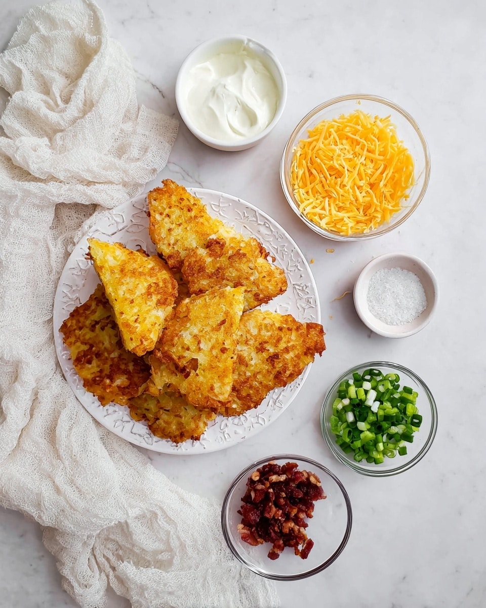 The image shows a white patterned plate filled with seven triangular golden hash browns, arranged in a small stack, all placed on a white marbled surface. Surrounding the plate are small white bowls and clear glass bowls with different ingredients: one bowl has bright orange shredded cheese, another has white creamy sour cream with a scoop taken out, a clear glass bowl holds chopped green onions, a small white bowl contains crispy chopped bacon, and a smaller clear bowl has white seasoning powder. A soft, white textured cloth is draped casually on the left side of the surface. Photo taken with an iphone --ar 4:5 --v 7
