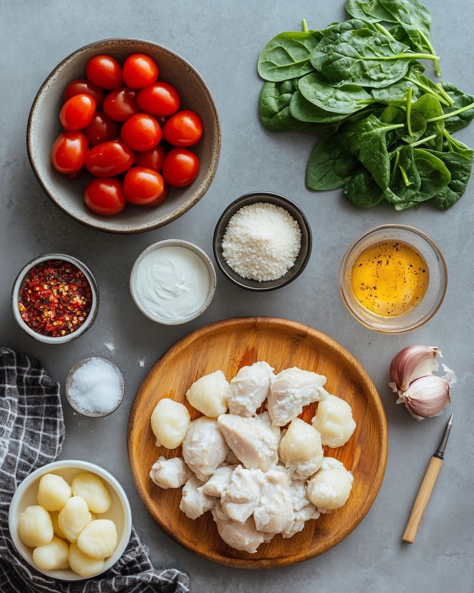 A white pot filled with six golden-brown cooked chicken pieces on top, partially covered with creamy light orange sauce; scattered around are small ovals of pale yellow gnocchi, bright red halved cherry tomatoes, and dark green leafy spinach, all mixed into the sauce. The sauce has a smooth texture with some black pepper and white grated cheese sprinkled across the dish, creating a savory and rich look. The pot rests on a white marbled surface. photo taken with an iphone --ar 4:5 --v 7