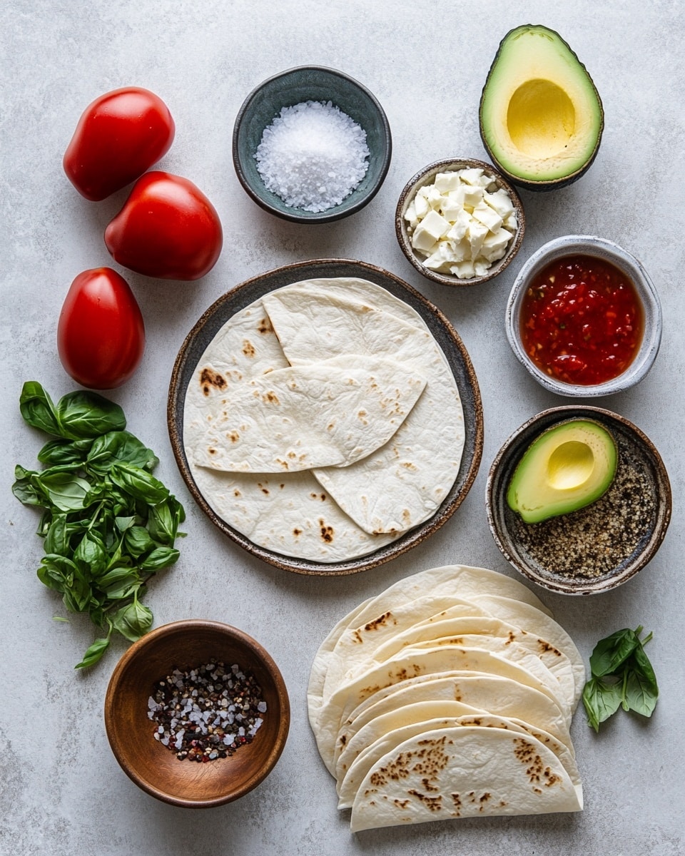 The image shows four folded wraps placed on a white plate, stacked closely together. The wraps have crisp, golden-brown toasted spots on the outside with some darker char marks on top. Inside the wraps, you can see layers of light green lettuce, red tomato or salsa, and bits of melted cheese peeking out. The plate is set on a gray cloth napkin over a white marbled surface. In the background, there is a white scalloped bowl filled with chunky red salsa on a wooden board, a glass of water partially visible, and a round wooden bowl with a creamy white dip. photo taken with an iphone --ar 4:5 --v 7