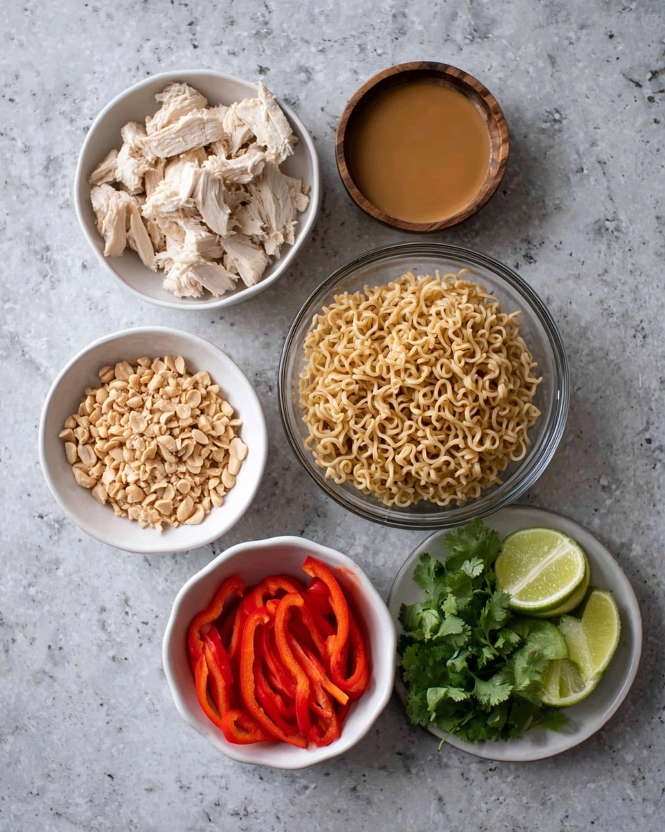The image shows five bowls on a white marbled surface. The top right bowl is clear and filled with light brown cooked noodles that have a soft, curly texture. To the left, a white bowl holds chunks of pale cooked chicken with a fibrous texture. Below the chicken, another white bowl contains crushed peanuts of various beige and light brown shades. To the right of the peanuts, a white bowl is filled with thin slices of bright red bell peppers that have a smooth surface. At the bottom right, a small white bowl holds fresh green cilantro leaves alongside three slices of light green lime. A wooden bowl containing a smooth tan-colored sauce is also visible near the red peppers. Photo taken with an iphone --ar 4:5 --v 7