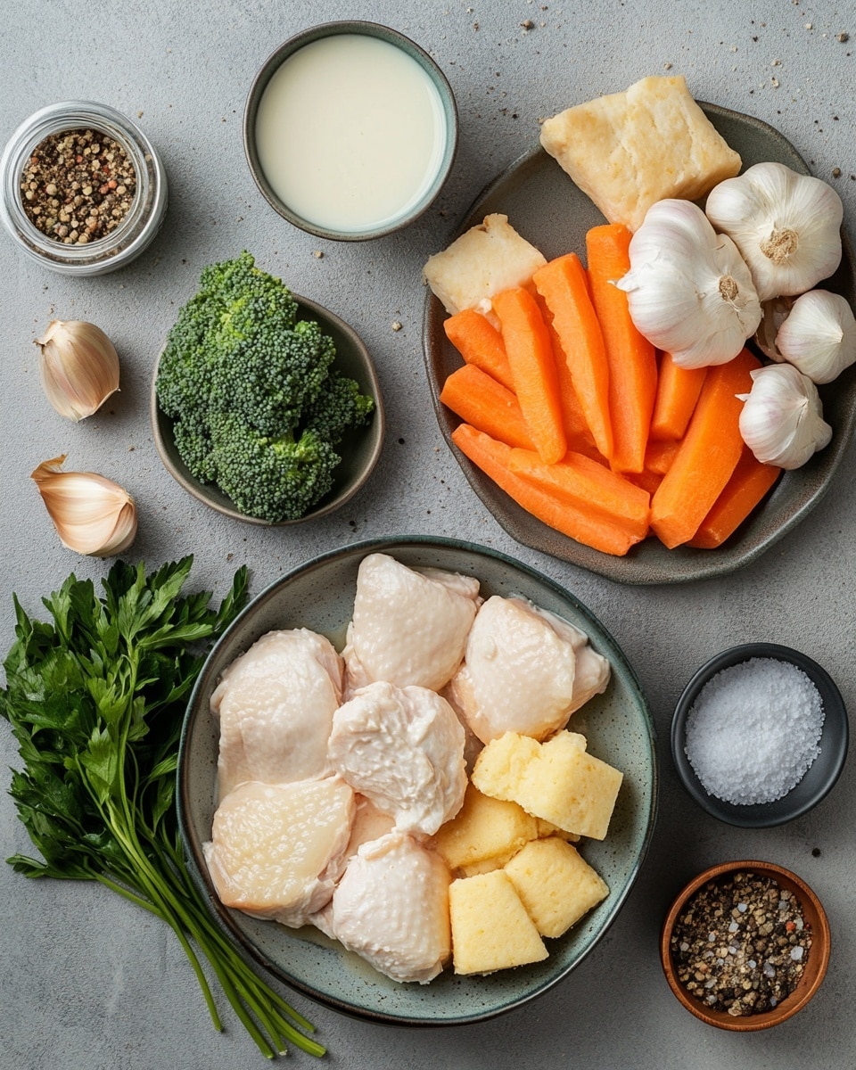 A white bowl filled with creamy chicken and vegetable stew showing shredded pale chicken pieces mixed with bright yellow corn, green peas, orange carrot chunks, and green beans in a thick light beige sauce speckled with black pepper. On top of the stew, there is a single golden brown biscuit with a slightly crisp and uneven surface, sprinkled with small green parsley leaves. The bowl is placed on a light wooden surface with a white marbled textured background. photo taken with an iphone --ar 4:5 --v 7