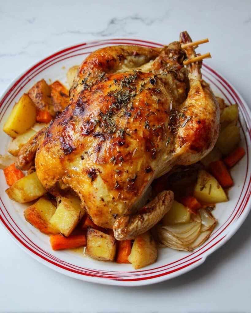 Whole Roasted Chicken Stuffed with Bacon and Celery with Roasted Vegetables Recipe