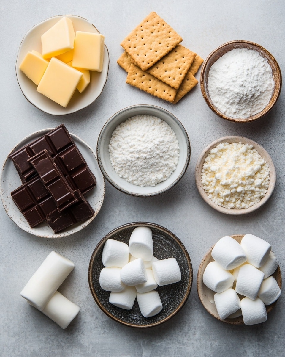 The image shows several square pieces of dessert arranged closely together on a white marbled surface. Each piece has two thick layers: the bottom layer is a dark brown, moist-looking chocolate base with a slightly crumbly texture, and the top layer is made up of four golden-brown toasted marshmallows that are fluffy and slightly cracked on top, forming a grid pattern. The marshmallows have a toasted gradient from light brown to a darker, crisp edge, giving the dessert a warm, inviting look. Photo taken with an iphone --ar 4:5 --v 7