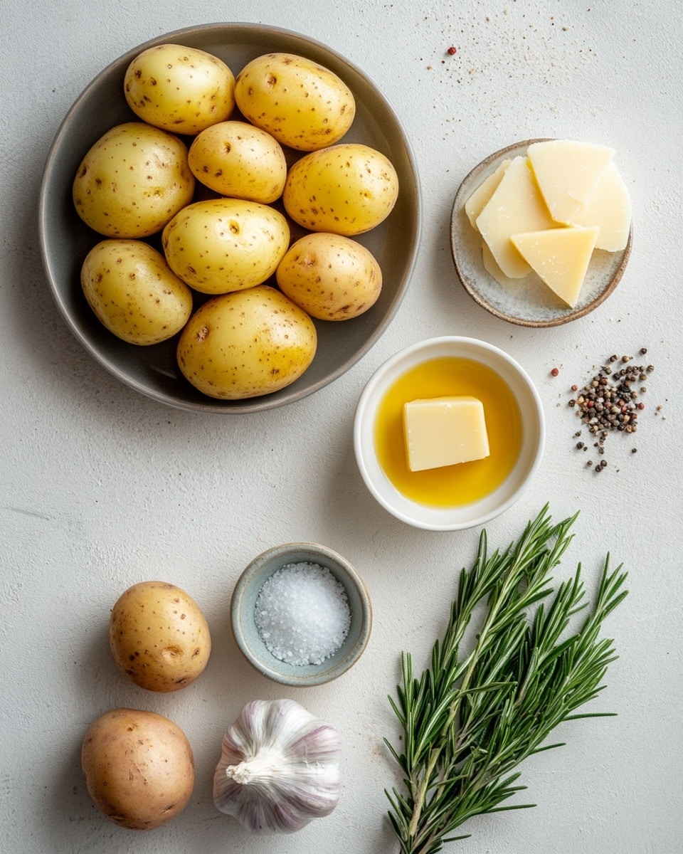 The image shows six spiral potato stacks inside a dark metal muffin tray. Each stack has many thin, crispy layers of golden yellow potato slices arranged in a curled, flower-like shape. The edges of the potato layers are browned and crunchy with light seasoning sprinkled on top, adding tiny green and black specks. The tray holds the potato stacks close together, visible from a top-down angle, highlighting their texture and coloration. The background and surface are a white marbled texture. Photo taken with an iphone --ar 4:5 --v 7