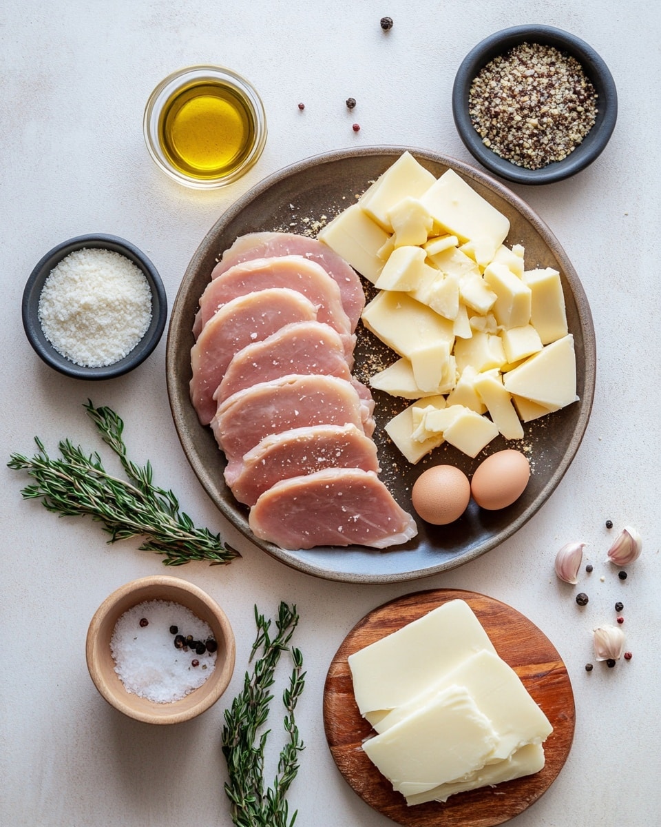 The dish shows a white plate with two thick pieces of breaded chicken stacked carefully on top of each other, each piece cut to show the inside. The chicken is golden brown on the outside with a grainy texture, while inside it is cooked white meat layered with pink ham and melted yellow cheese that stretches out between the layers. To the side of the chicken, there are a few thick, golden-yellow fries and some green leafy lettuce. The plate rests on a wooden board and the background is a white marbled surface with a blurred white cup in the distance. Photo taken with an iphone --ar 4:5 --v 7