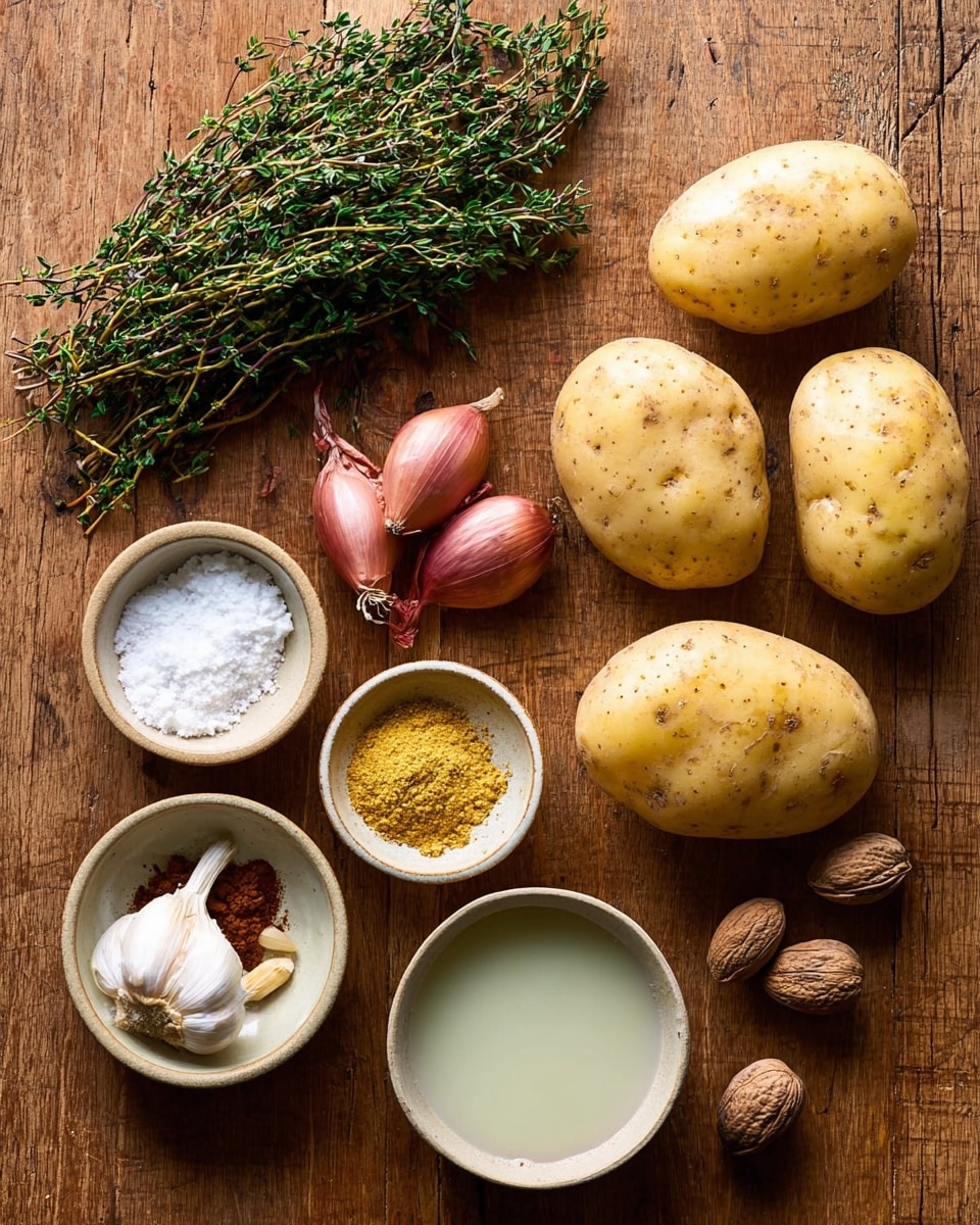 The image shows a top view of fresh cooking ingredients placed on a wood surface. There are four light yellow potatoes with a slightly rough skin arranged on the right side. At the top left, there is a bunch of green fresh thyme with thin stems and small leaves. Below the thyme, there are three small, reddish shallots and one bulb of garlic with some white papery skin slightly open to show the cloves inside. On the bottom left, there are three small beige bowls with different contents: one with a white powder, one with a smooth light cream liquid, and one with a pale green oil. Near the center top, there is another bowl with two types of powder, one yellow and flaky and the other a brown paste. Two whole nutmegs are placed near the bowl. The whole setup is simple and natural, on the wood textured surface photo taken with an iphone --ar 4:5 --v 7